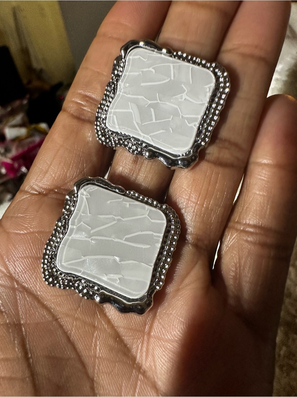 White Enamel Square Drop Earrings with Beaded Silver-Tone Frame